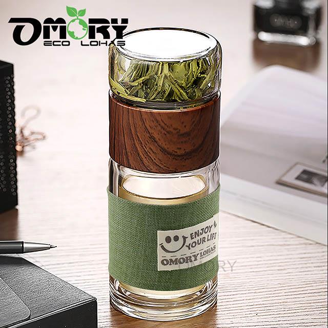 【OMORY】雙層玻璃茶水分離泡茶瓶(附布套)330ml-茶綠色