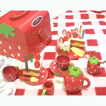 草莓蛋糕點心木製玩具家家酒手提組（木製蛋糕茶壺） - 草莓蛋糕