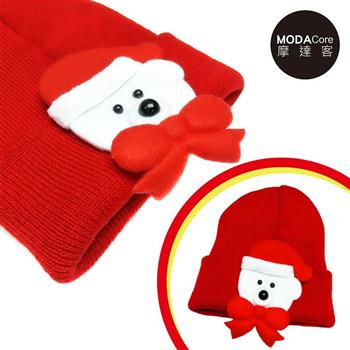 【摩達客】兒童嬰幼兒聖誕小白熊蝴蝶結保暖毛線帽針織帽（紅色）
