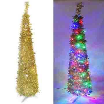 6尺/6呎(180cm) 彈簧摺疊金色哈利葉瘦型鉛筆樹聖誕樹 (＋LED100燈四彩光一串)