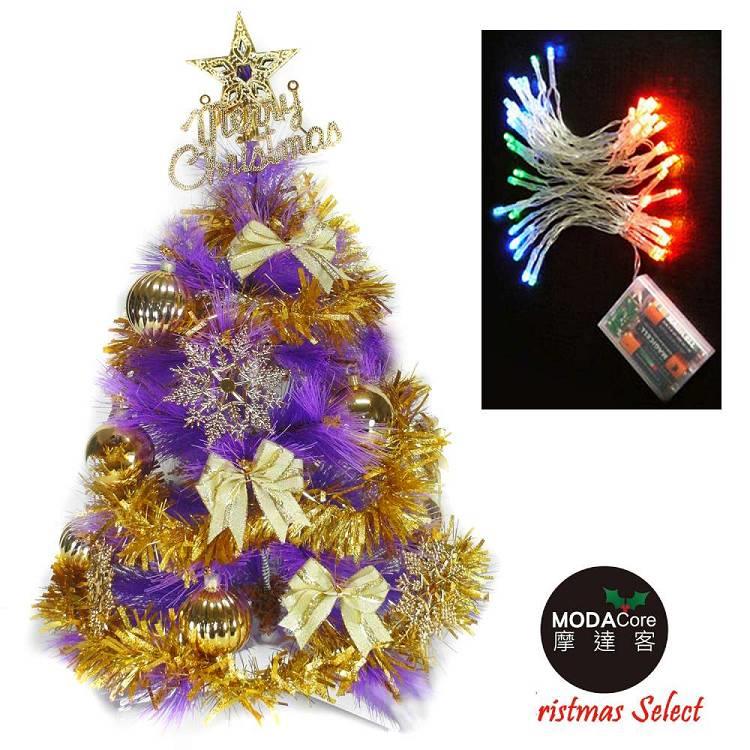 台灣製2尺(60cm)特級紫色松針葉聖誕樹 (金色系配件)＋50燈LED電池燈(四彩光)