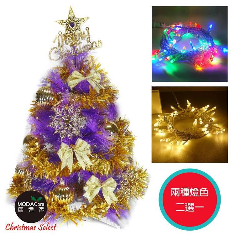 台灣製2尺(60cm)特級紫色松針葉聖誕樹 (金色系配件)＋LED50燈彩色燈串(插電式透明線) - 四彩光
