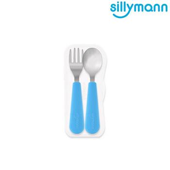 【韓國sillymann】 100%鉑金矽膠不鏽鋼幼童湯匙叉子餐具組（湖水藍）