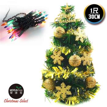 【摩達客】台灣製迷你1呎/1尺（30cm）裝飾綠色聖誕樹（金球雪花系）＋20燈鎢絲樹燈串