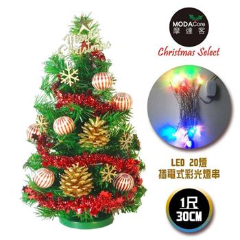 摩達客 台灣製迷你1呎/1尺(30cm)裝飾綠色聖誕樹(木質雪花系)＋LED20燈彩光插電式