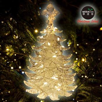 摩達客晶透迷你壓克力聖誕樹塔＋50燈LED銅線燈電池燈(暖白光)