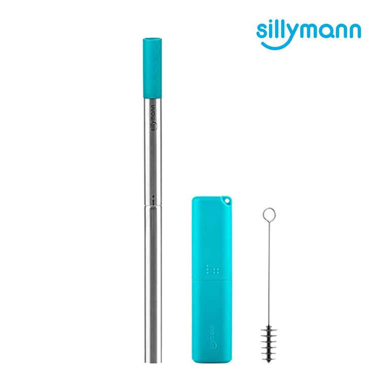 【韓國sillymann】 100%鉑金矽膠攜帶型不銹鋼珍珠吸管套裝（藍）－2入 - 藍