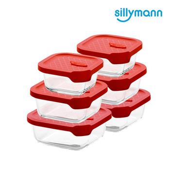 【韓國sillymann】正方型家庭六件組－100%鉑金矽膠微波烤箱輕量玻璃保鮮盒組（紅色）