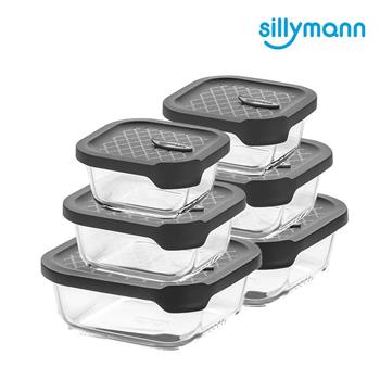 【韓國sillymann】正方型家庭六件組－100%鉑金矽膠微波烤箱輕量玻璃保鮮盒組（灰色）