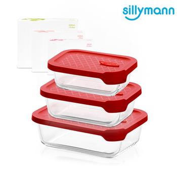 【韓國sillymann】 長方型三件組－100%鉑金矽膠微波烤箱輕量玻璃保鮮盒組（紅色）