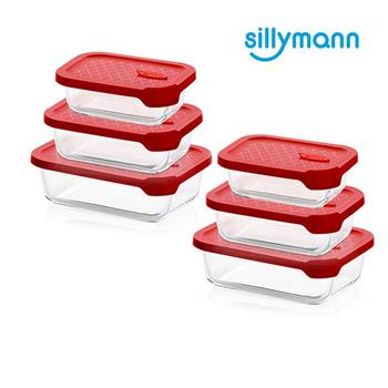 【韓國sillymann】長方型家庭六件組－100%鉑金矽膠微波烤箱輕量玻璃保鮮盒組（紅色）