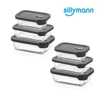 【韓國sillymann】長方型家庭六件組－100%鉑金矽膠微波烤箱輕量玻璃保鮮盒組（灰色）