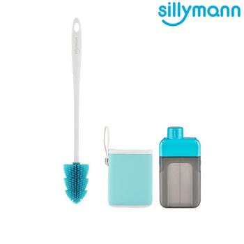 【韓國sillymann】 扁平時尚水壺500ml（藍）＋100%鉑金矽膠水瓶刷（水藍）
