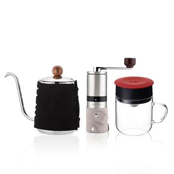 【PO:Selected】丹麥手沖咖啡三件組(咖啡壺-黑/玻璃杯240ml-紅/咖啡磨2.0)