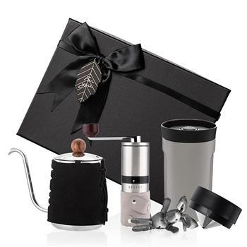 【PO:Selected】丹麥手沖咖啡三件禮盒組(咖啡壺-黑/隨行保溫咖啡杯-灰/咖啡磨2.0)