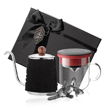 【PO:Selected】丹麥手沖咖啡禮盒組(手沖咖啡壺-黑/咖啡玻璃杯350ml-黑紅)