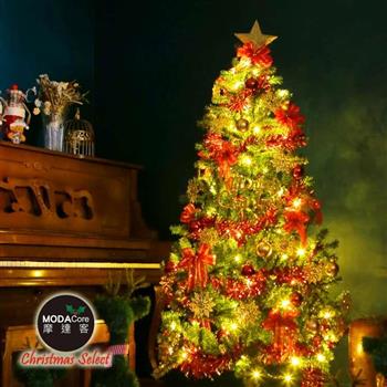 摩達客耶誕-8尺/8呎(240cm)特仕幸福型裝飾綠色聖誕樹 綺紅金雪系配件＋100燈LED燈暖白光*2(附控制器/本島免運費)