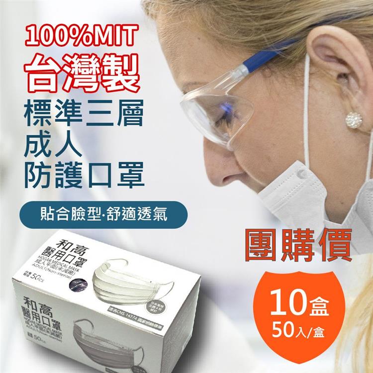 【和高】台灣製 成人平面多色醫用口罩/10盒入團購價 - 基礎藍
