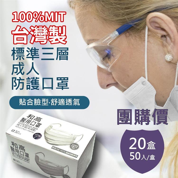 【和高】台灣製 成人平面多色醫用口罩/20盒入團購價 - 基礎藍
