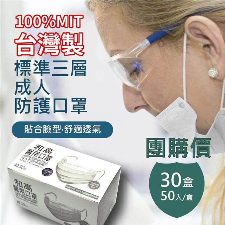 【和高】台灣製 成人平面多色醫用口罩/30盒入團購價 - 基礎藍