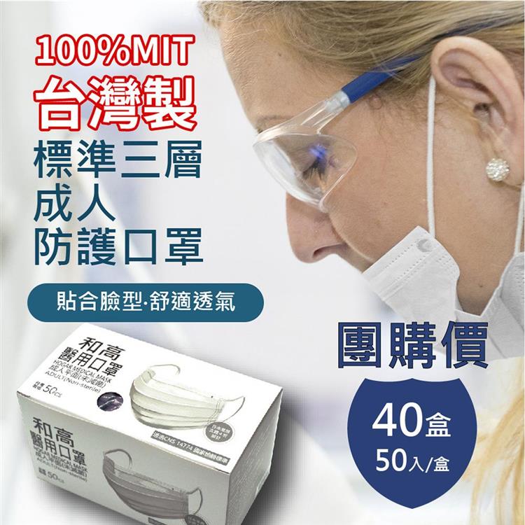 【和高】台灣製 成人平面多色醫用口罩/40盒入團購價 - 基礎藍