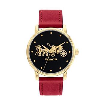 COACH 馬車LOGO皮革錶帶腕錶－紅