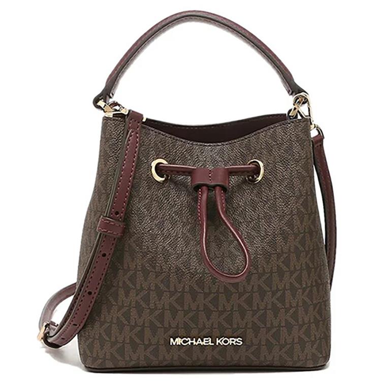 MICHAEL KORS 滿版LOGO水桶兩用包－咖酒紅