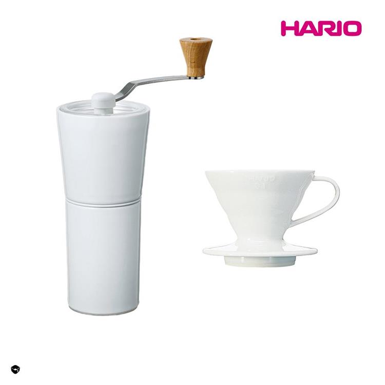 【HARIO】HARIO 純白系列 V60 簡約磁石手搖磨豆機－白色 ＋ V60白色01磁石濾杯