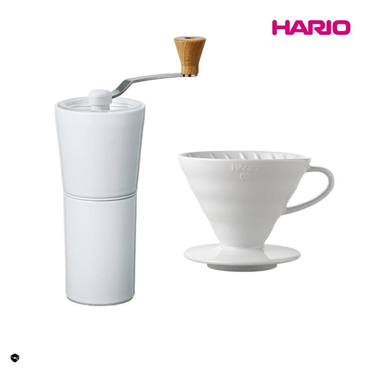 【HARIO】HARIO 純白系列 V60 簡約磁石手搖磨豆機－白色 ＋ V60白色02磁石濾杯