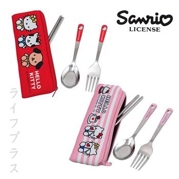 Hello Kitty－三件式304不鏽鋼餐具組－紅色/粉紅色X2組