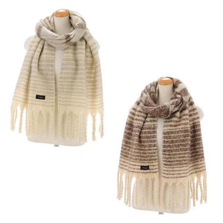 【B.design】日本舒感絨條紋流蘇圍巾（2色可選） 保暖圍巾 寬厚圍巾 披肩圍巾 - 咖啡色