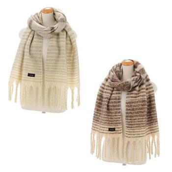 【B.design】日本舒感絨條紋流蘇圍巾（2色可選） 保暖圍巾 寬厚圍巾 披肩圍巾