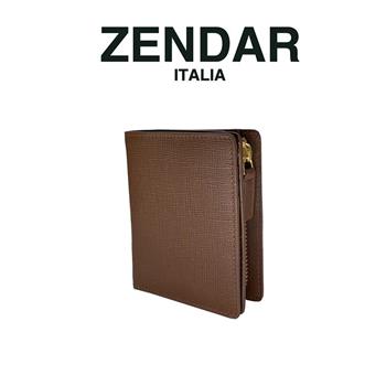 【ZENDAR】限量2折 頂級NAPPA小牛皮十字紋拉鍊短夾 全新專櫃展示品(琥珀色 贈原廠送禮提袋)