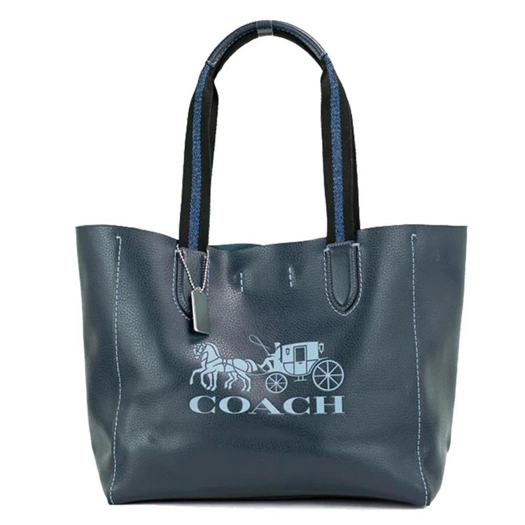 COACH 馬車logo皮革托特包－午夜藍