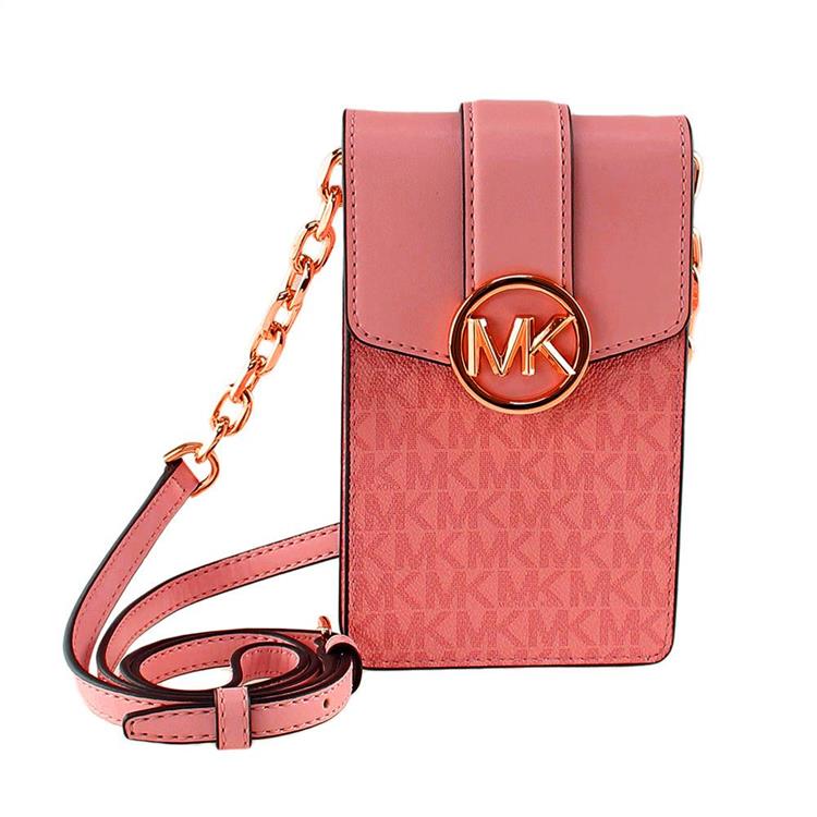 MICHAEL KORS 滿版LOGO皮革手機斜背包－珊瑚色