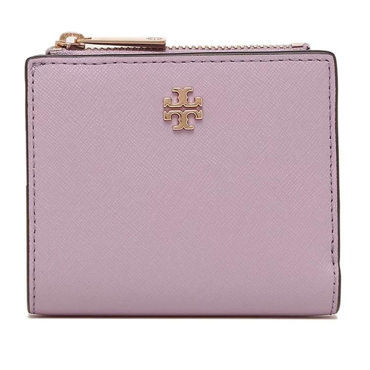 Tory Burch 素面防刮皮革短夾－粉紫