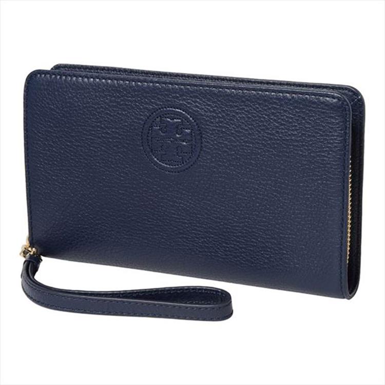 TORY BURCH 素面皮革拉鍊長夾－深藍