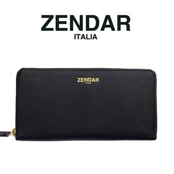 【ZENDAR】義大利精品 頂級超柔軟荔枝紋小羊皮拉鍊長夾 （黑色）