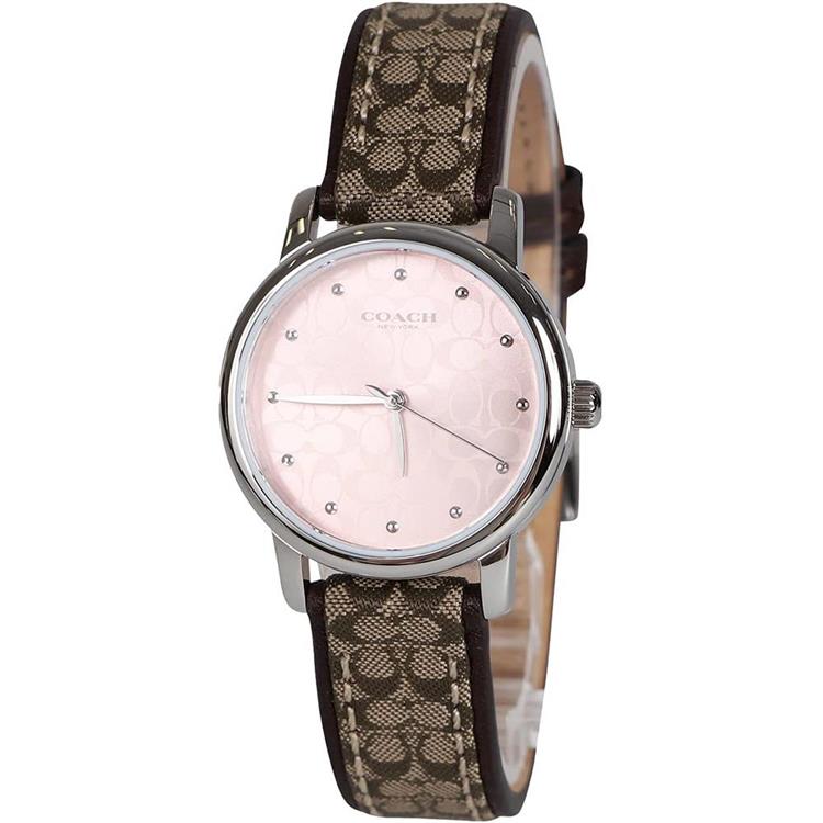 COACH 滿版logo織布錶帶腕錶－卡其粉