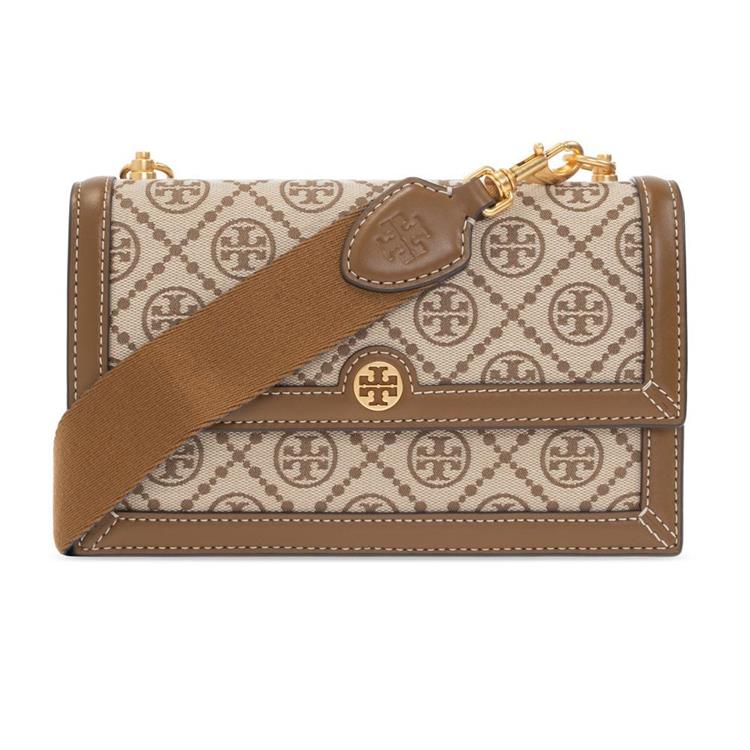 TORY BURCH 滿版LOGO提花拼接皮革斜背包-卡其駝