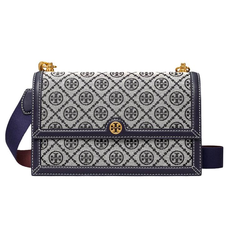 TORY BURCH 緹花拼接皮革斜背包-深藍