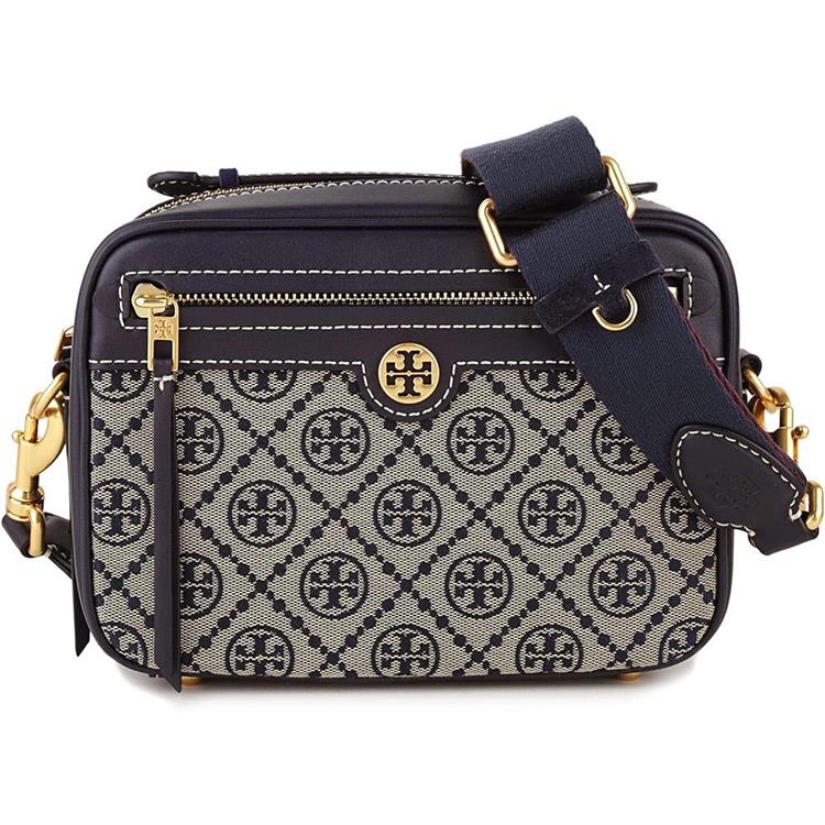 Tory burch 滿版LOGO緹花相機包-藍色