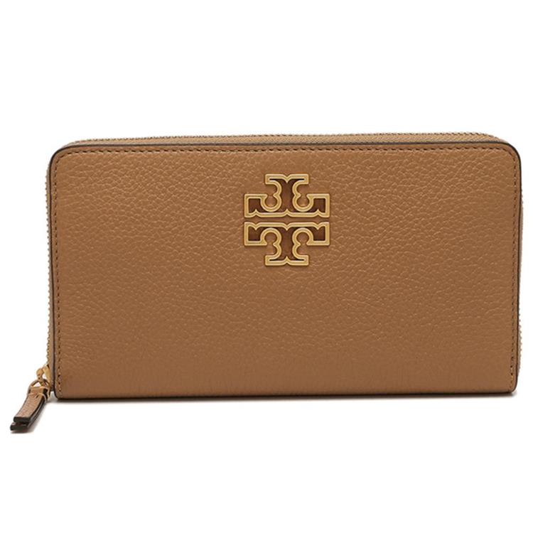 TORY BURCH 雙T-LOGO皮革拉鍊長夾-駝