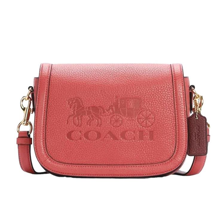 COACH 馬車LOGO翻蓋斜背馬鞍包-珊瑚色