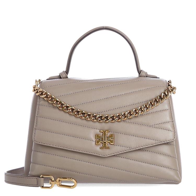 TORY BURCH 縫衍紋皮革翻蓋斜背包-灰褐色