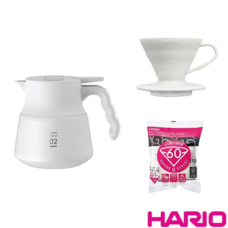 【HARIO】V60不鏽鋼保溫咖啡壺白色PLUS＋V60磁石01濾杯＋濾紙