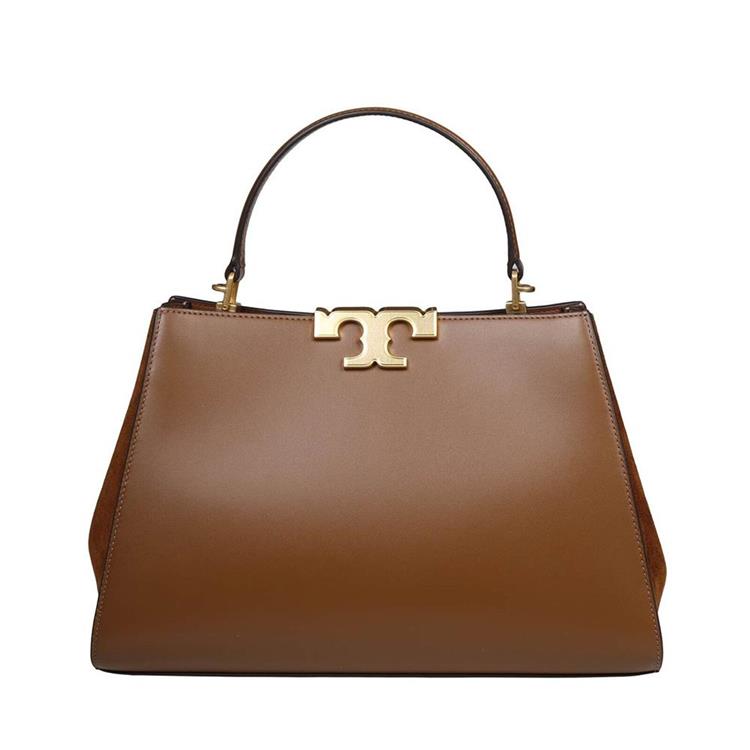 Tory burch 簡約皮革拼接織布兩用包-卡其