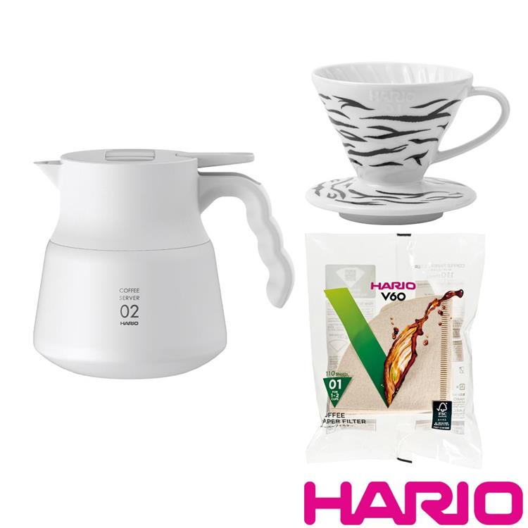 【HARIO】V60不鏽鋼保溫咖啡壺白色PLUS+限量虎紋濾杯+濾紙