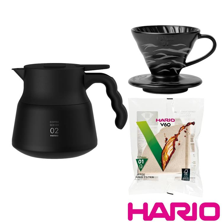 【HARIO】V60不鏽鋼保溫咖啡壺黑色+限量虎紋濾杯+濾紙