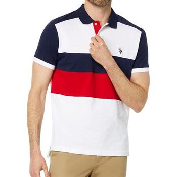 【US Polo】2024男時尚小馬球條紋拼藍白紅色短袖POLO(預購)